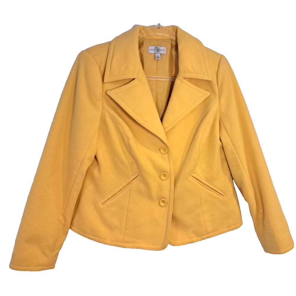 Vtg Blazer Coat Yellow Women's‎ Studio Works 3 Buttons Fitted Pleated Back 22"